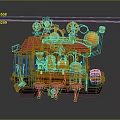Steampunk Style Mobile Food Cart With Red Roof Green Body And Red Stools