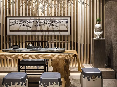 Zen Style Wooden Tea Table and Chairs with Natural Screen and Wall Art 3d model