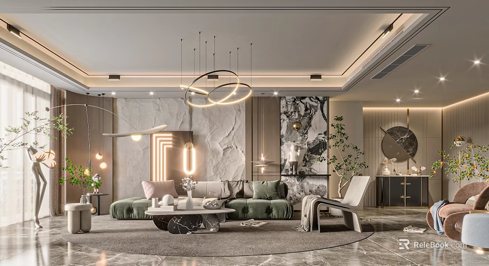 Modern Elegant Living Room Interior Design With Green Sofa Round Pendant Lights And Marble Wall 3d model 