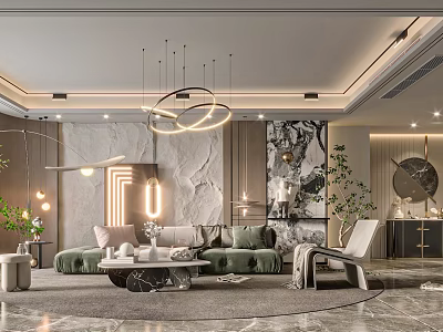 Modern Elegant Living Room Interior Design With Green Sofa Round Pendant Lights And Marble Wall 3d model
