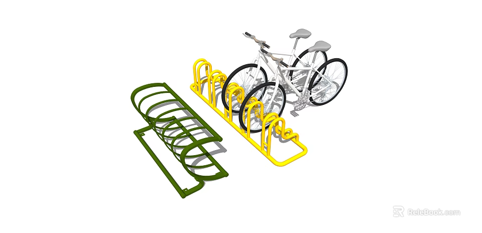 Yellow And Green Bicycle Racks With White Bicycle Parked In Public Area 3d model 