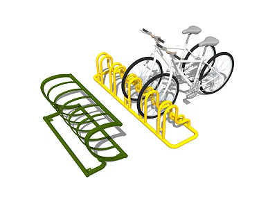 Yellow And Green Bicycle Racks With White Bicycle Parked In Public Area 3d model
