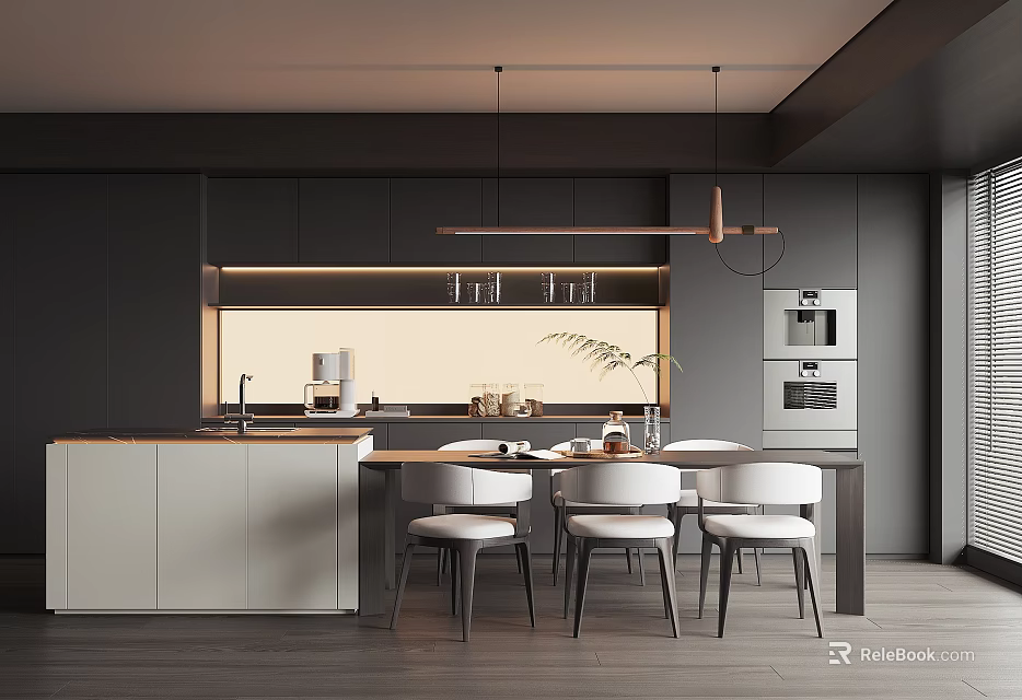 Modern Restaurant Kitchen Interior With Dark Cabinets Light Countertop Pendant Lights Dining Table And Chairs 3d model 