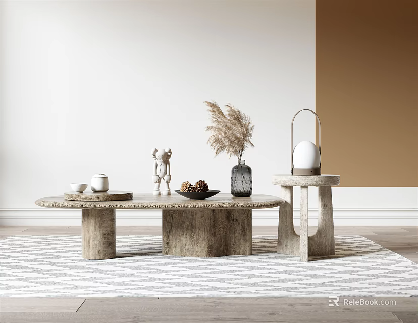 Natural Wooden Coffee Table Setting With Pampas Grass Vase Tray And Side Stool 3d model 