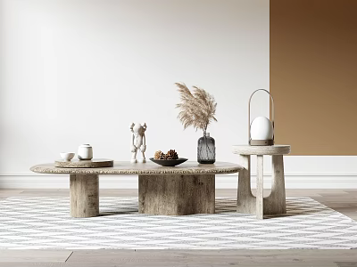 Natural Wooden Coffee Table Setting With Pampas Grass Vase Tray And Side Stool 3d model