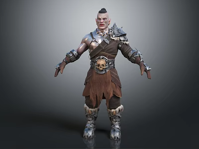 Bald Headed Warrior Game Movie Character With Skull Decorated Armor And Leather Outfit 3d model