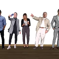 People Standing Together With Different Outfits Pointing Holding Coffee Cup Against White Wall Wooden Floor