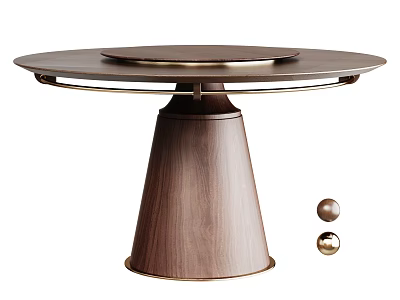 Elegant Wooden Circular Dining Table With Rotating Top Conical Base And Metal Ball Decorations 3d model