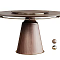 Elegant Wooden Circular Dining Table With Rotating Top Conical Base And Metal Ball Decorations