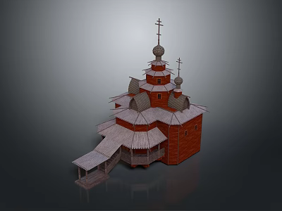 Russian Traditional Church Building With Red Brick Walls Multiple Domes Crosses And Wooden Steps 3d model