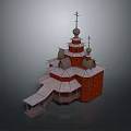 Russian Traditional Church Building With Red Brick Walls Multiple Domes Crosses And Wooden Steps