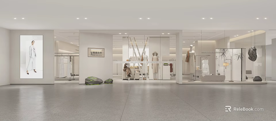 Modern Clothing Store With Open Layout White Display Racks Mannequins Mirrors Decorative Painting And Stones 3d model 