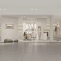 Modern Clothing Store With Open Layout White Display Racks Mannequins Mirrors Decorative Painting And Stones
