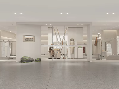 Modern Clothing Store With Open Layout White Display Racks Mannequins Mirrors Decorative Painting And Stones 3d model