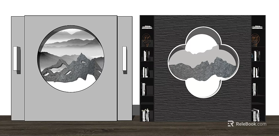 Chinese Style Background Wall With Circular Cloud Shaped Cutouts And Mountain Landscape Patterns 3d model