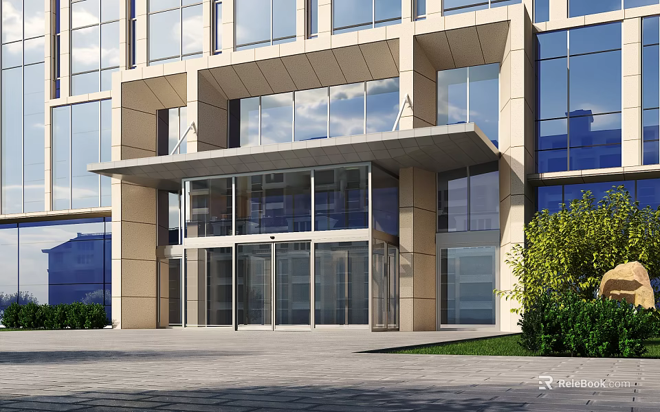 Modern Commercial Storefront With Glass Doors Curtain Wall Stone Cladding And Landscaped Greenery 3d model 