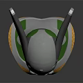 Futuristic Character Helmet With Horns Glowing Eyes And Silver Green Accents In