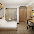 Hotel Room Interior With Wooden Wardrobe Writing Desk Laptop Vase And TV Screen
