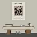 Minimalist Interior Beige Wooden Legs Bench With Round Cushions And Matisse Poster