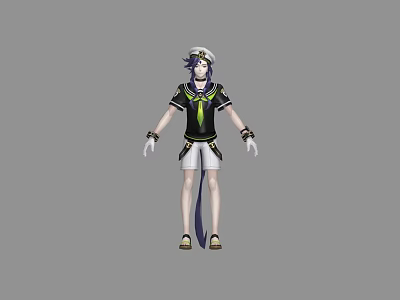 Anime Style Game and Movie Character with Black Top White Shorts Purple Hair and Hat 3d model