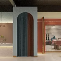 Modern Clothing Store With Archway Blue Curtain Brown Wall Front Desk Mirror Tables And Chairs