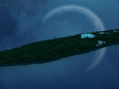 Cartoon Night Scene With Crescent Moon Island Green Vegetation And Water Reflection 3d model