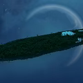 Cartoon Night Scene With Crescent Moon Island Green Vegetation And Water Reflection
