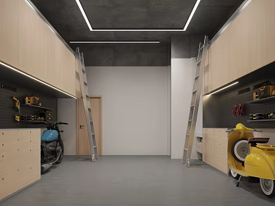 Parking Garage Interior Featuring Wooden Cabinets Ladders Tools Blue Vehicle Gray Floor And Light Strips 3d model