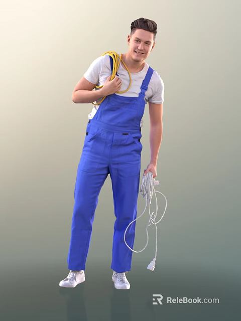 Man in blue overalls and white T-shirt holding yellow tool and white cable 3d model 