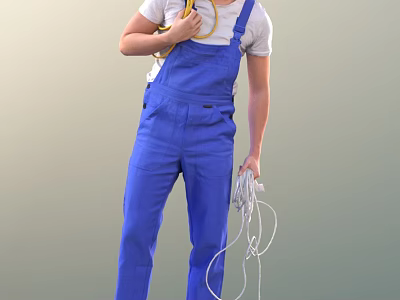 Man in blue overalls and white T-shirt holding yellow tool and white cable 3d model