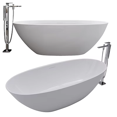 Modern White Freestanding Bathtub With Sleek Oval Design And Chrome Faucet Fixture 3d model