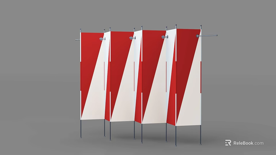 Red And White Diagonal Striped Room Dividers With Multiple Panels And Metal Stands 3d model 