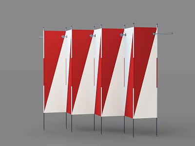 Red And White Diagonal Striped Room Dividers With Multiple Panels And Metal Stands 3d model