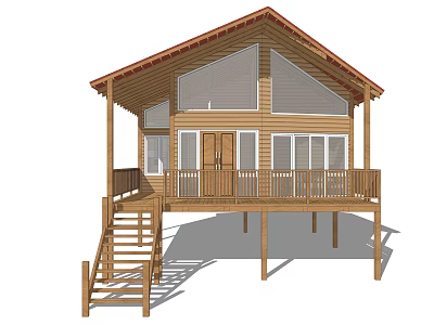 Wooden House With Red Roof Large Windows And Elevated Wooden Deck Stairs 3d model