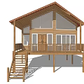 Wooden House With Red Roof Large Windows And Elevated Wooden Deck Stairs
