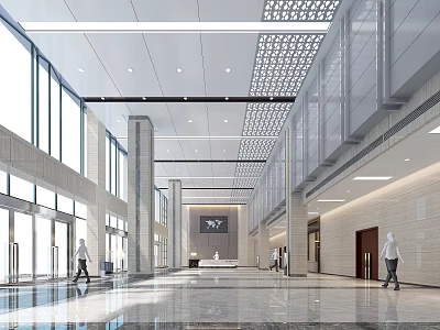 Modern Front Desk Reception In Spacious Lobby With Marble Flooring Large Windows And Ceiling Lighting 3d model