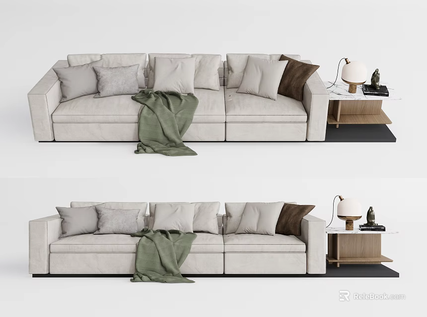 Light Three Seater Sofa With Throw Pillows Green Throw Blanket Side Table And Table Lamp 3d model