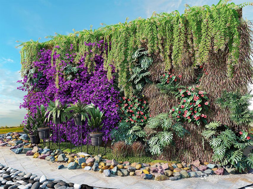 Green Plant Wall With Purple Flowers Hanging Vines And Diverse Green Plants On Stone Ground 3d model 