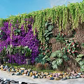 Green Plant Wall With Purple Flowers Hanging Vines And Diverse Green Plants On Stone Ground