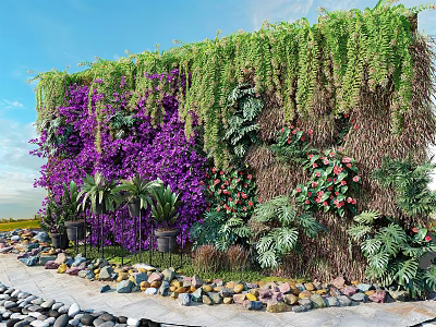 Green Plant Wall With Purple Flowers Hanging Vines And Diverse Green Plants On Stone Ground 3d model