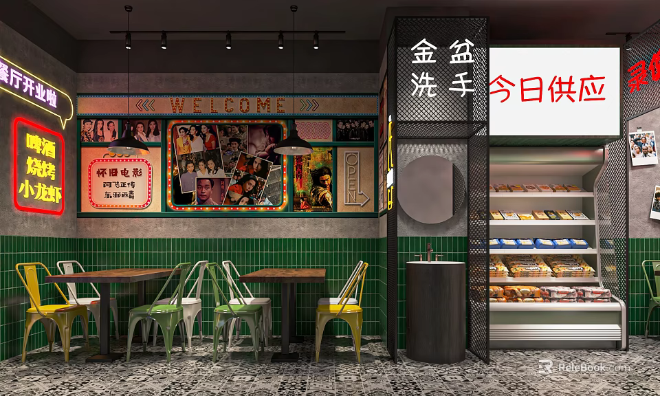 Hotpot Restaurant Interior With Green Tiled Walls Tables Chairs Welcome Sign And Daily Supply 3d model 