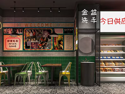 Hotpot Restaurant Interior With Green Tiled Walls Tables Chairs Welcome Sign And Daily Supply 3d model