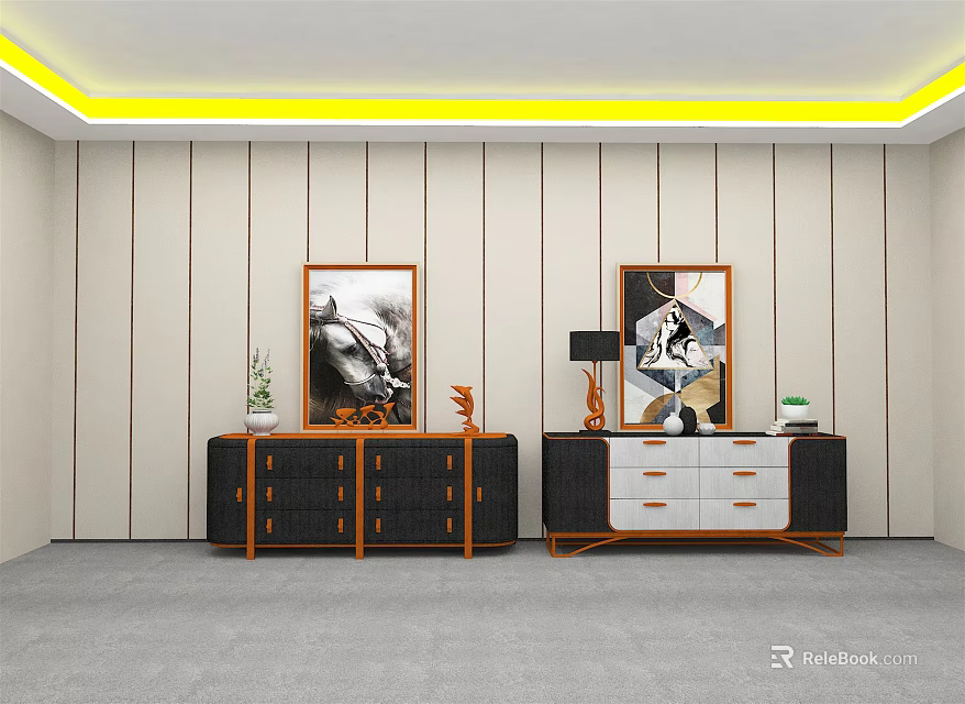 Modern Interior Design with Entryway Cabinet and Side Cabinet Decorative Paintings Table Lamp and Potted Plant 3d model 