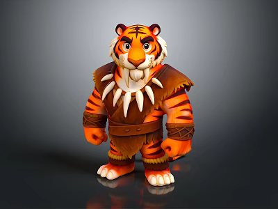 Cartoon Tiger Character In Tribal Warrior Outfit With Sharp Tooth Decoration 3d model