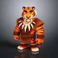 Cartoon Tiger Character In Tribal Warrior Outfit With Sharp Tooth Decoration