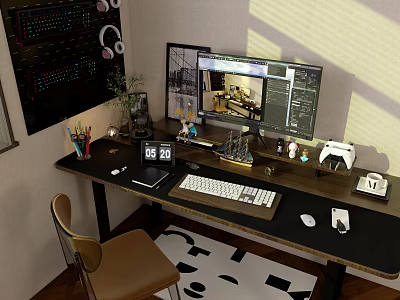 Organized Modern Office Desk With Computer Monitor Keyboard Mouse Potted Plant And Office Supplies 3d model