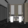 Modern Public Restroom Interior Design With Double Sinks Marble Countertops Wooden Walls And Large Mirrors
