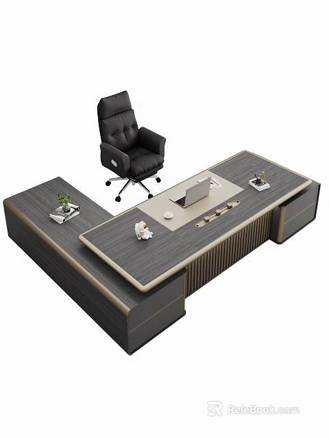 Modern Office Desk With Laptop Coffee Cup Potted Plant And Ergonomic Chair 3d model 