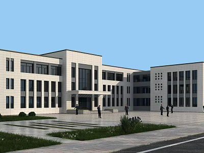 Modern Office Building Exterior Design With White Facade Large Windows And Courtyard Area 3d model