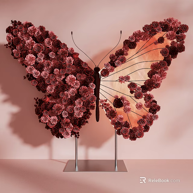 Butterfly Shaped Art Installation With Deep Red Flowers And Metal Stands 3d model 